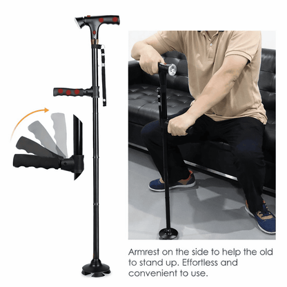 Adjustable walking cane with armrest feature and person using it.