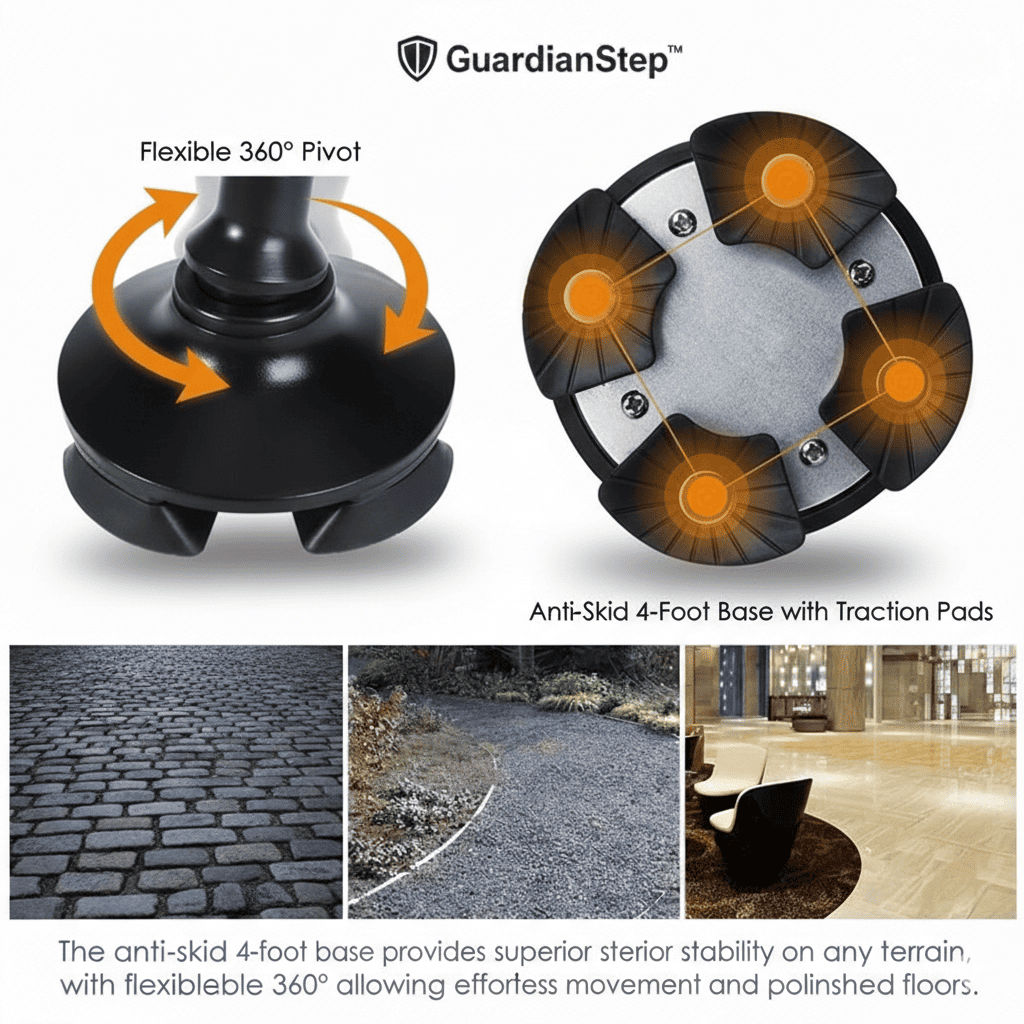GuardianStep product with flexible 360° pivot and anti-skid 4-foot base on a white background.